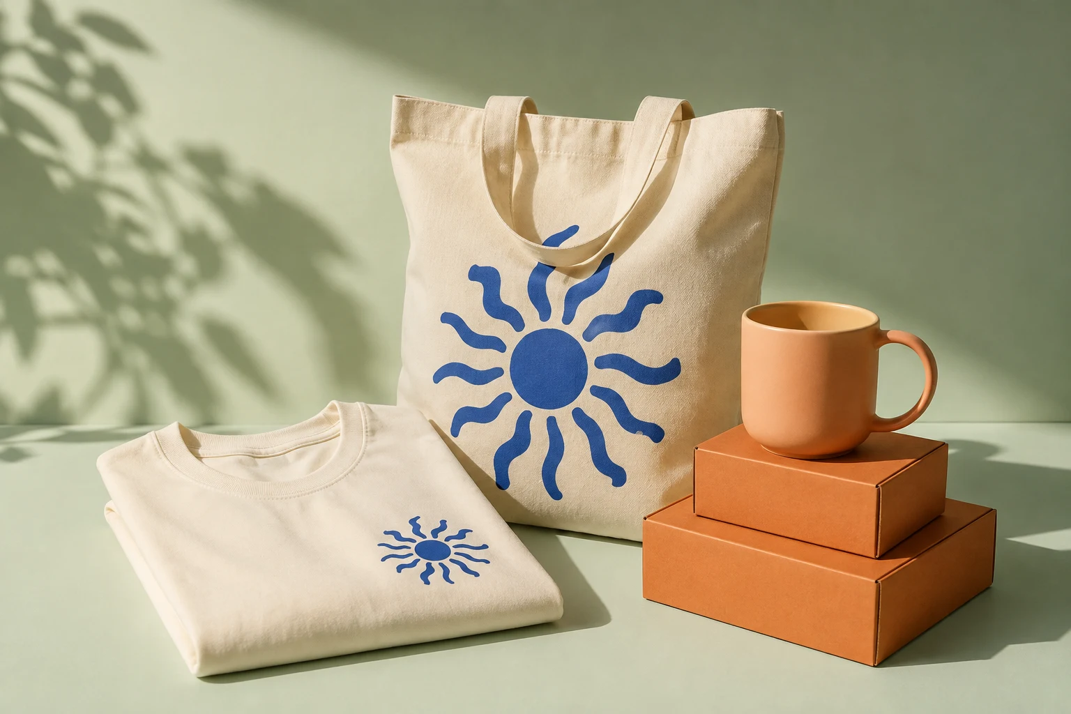 An ivory T-shirt, a canvas tote with a blue sun print, an apricot mug, and orange packaging in a sunlit studio.
